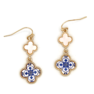 Moroccan Quatrefoil Clover Ceramic Drop White Blue Earrings