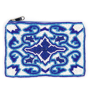 Blue & White Geometric Pattern Seed Bead Coin Purse