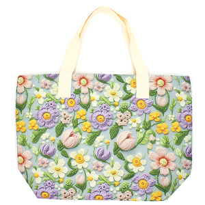 Floral Crochet Print Canvas Tote Bag Purple