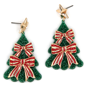 Christmas Tree Bow Glitter Acetate Green Earrings