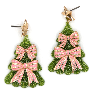 Christmas Tree Bow Glitter Acetate Light Green Earrings
