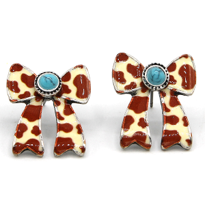 1" Bow Shape Cow Print Ivory Earrings