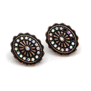 Western Pave Stone Oval Concho Copper AB Earrings