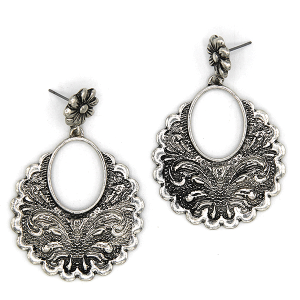 Western Design Floral Metal Drop Silver Earrings