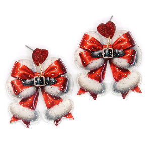 Glitter Acetate Santa Outfit Christmas Bow Earrings