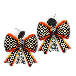 Ribbon Bow Checkered Skeleton Drop Halloween Earrings