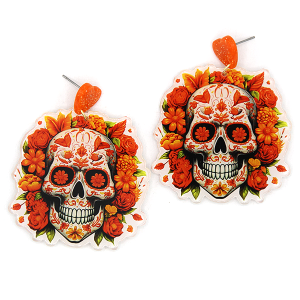 Glitter Resin Floral Sugar Skull Heart Orange Earrings