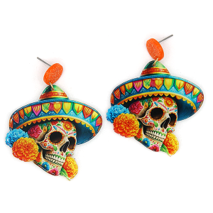 Glitter Resin Hydrangea Sugar Skull Sombrero Orange Earrings