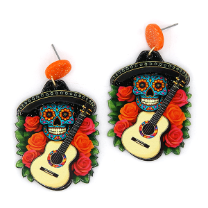 Glitter Resin Floral Sugar Skull Guitar Orange Earrings