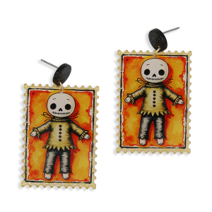 Halloween Postage Stamp Skeleton Doll Earrings