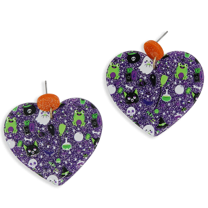 Halloween Spooky Pattern Heart Purple Earrings