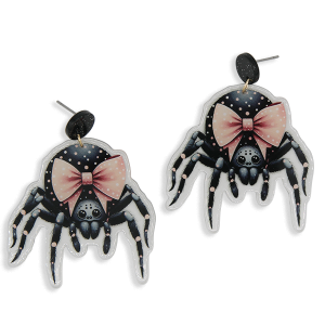 Halloween Pink Bow Polka Dot Spider Earrings