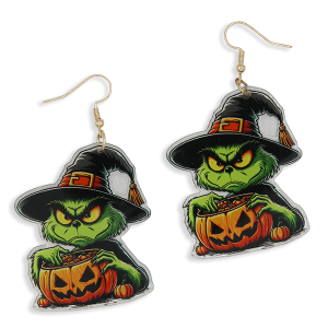 Halloween Green Monster Jack-o'-Lantern Witch Hat Earrings