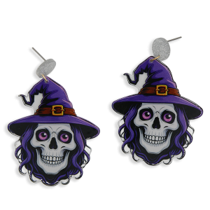 Halloween Purple Hair Skeleton Witch Earrings