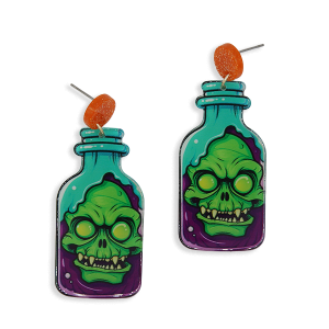Halloween Potion Bottle Spooky Green Skull Earrings