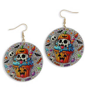 Halloween Round Skeleton Jack-o'-Lantern Cupcake Earrings