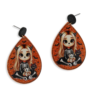 Halloween Teardrop Skeleton Girl Black Cat Earrings