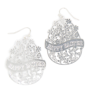 Happy Easter Brass Flower Laser Cut Egg Drop Silver Earrings