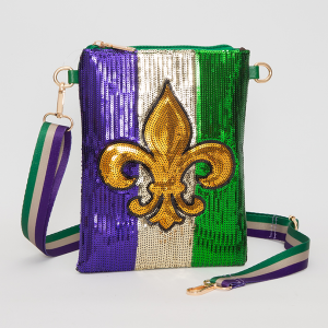 Mardi Gras Sequin Fleur De Lis Crossbody Bag Green