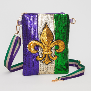 Mardi Gras Sequin Fleur De Lis Crossbody Bag Purple