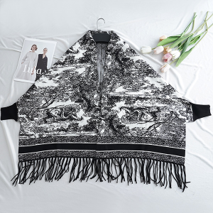 Toile Landscape Print Fringe Black Poncho