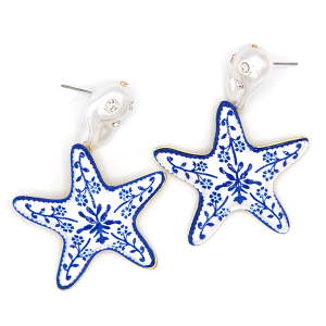 Ceramic Starfish Drop White Blue Earrings.