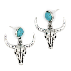 Western Navajo Theme Longhorn Turquoise Silver Earrings