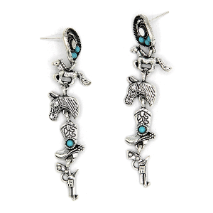 Western Theme Dangle Silver Turquoise Earrings