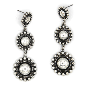 Western 3D Ball Textured Round 3 Tiered Dangle Silver Earrings