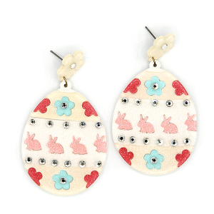 Floral Easter Bunny Egg Resin Drop Ivory Earrings