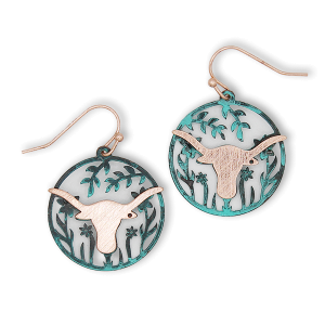 Round Longhorn Cutout Patina Copper Earrings