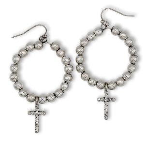 Round Shape Bead Accent Pave Cross Silver Earrings