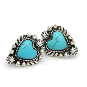 Western Stone Heart Concho Silver Turquoise Earrings