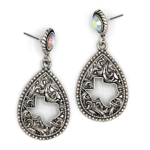 Western Filigree Teardrop Texas State Silver AB Earrings