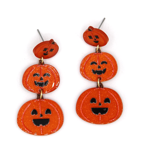 Halloween Pumpkin Glittery Resin Tiered Orange Earrings