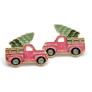 Christmas Truck Metal Enamel Pink Earrings