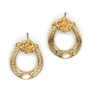 Western Rose Horseshoe Dangle Gold Earrings
