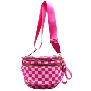 Dual Zip Pocket Checkered Fuchsia Crossbody Bag 