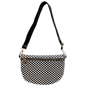 Dual Zip Pocket Chekered Woven Black Crossbody Bag 