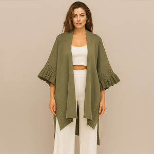 Solid Color Ruffle Kimono Olive