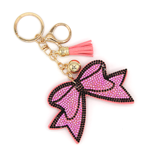 Pink Ribbon Bow Puffy Rhinestone Bag Charm Keychain