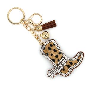 Brown Leopard Western Boot Puffy Rhinestone Bag Charm Keychain
