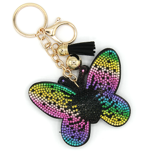 Rhinestone Butterfly Keychain Bag Charm Multi Black