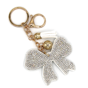 Rhinestone Ribbon Bow Keychain Bag Charm White