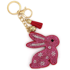 Rhinestone Flower Bunny Keychain Bag Charm Fuchsia