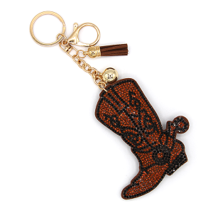 Western Brown Boot Puffy Rhinestone Bag Charm Keychain