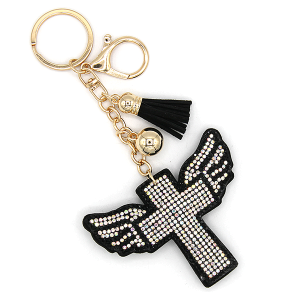 Rhinestone Cross Wings Keychain Bag Charm Black