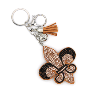 Brown Fleur De Lis Puffy Rhinestone Bag Charm Keychain