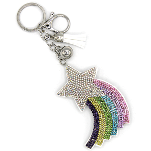 Rhinestone Shooting Star Rainbow Keychain Bag Charm White