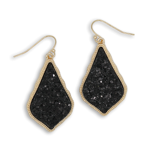 Glitter Accent Druzy Stone Teardrop Black Gold Earrings